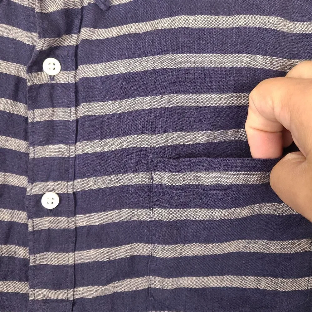 J. Crew Shirt Mens XL Blue Striped 100% Linen Short‎ Sleeve Button Down